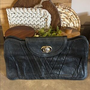 Tressje Vintage Black Leather Clutch